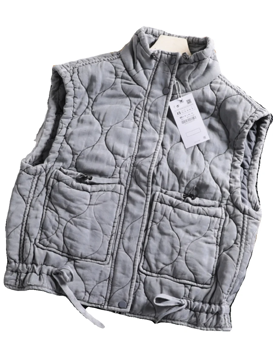 

Loose Retro Women's Cotton Vest D2023 Autumn Winter New Dstring Svel Stand Collar Outerwear Faion Ladies Vest