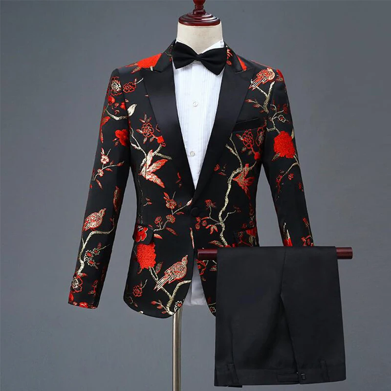 Setelan Pria Motif Bunga untuk Pernikahan Prom 2 Buah Tuksedo Pengantin Pria Pesta Mode Pola Bordir untuk Celana Jaket Kostum Penyanyi Panggung