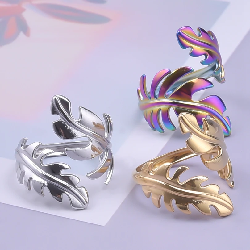 Adjustable Stainless Steel Beads Ball Leaf Ring Set