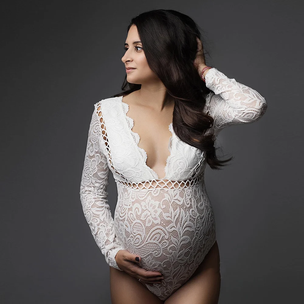 Sexy Elastic Maternity Photography Props Jumpsuit Perspective Mesh Lace  Bodysuit Photo Shoot Photography Clothing For Women