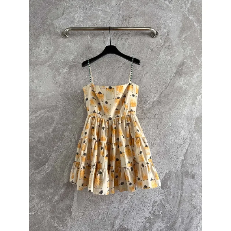 

High Quality New 2026 Orange Sleeveless Sling Pleat Mini Dress for Holiday