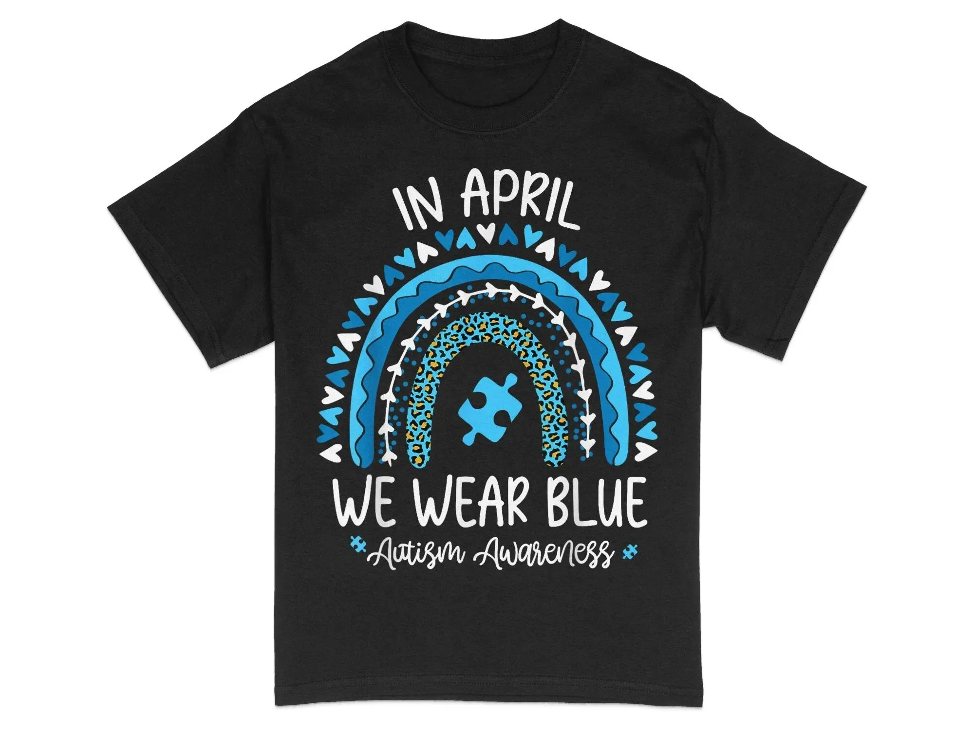 Autism Awareness T Shirt Blue Rainbow Puzzle Piece Supportive Apparel in April for Family and Friends