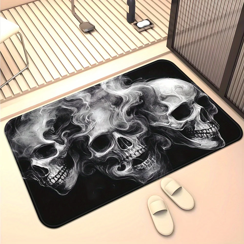 Gothic Skull Design Non-Slip Outdoor Mat - Absorbent Microfiber Polyester Floor Mat with Intricate Smoke Effect, Machine Washa
