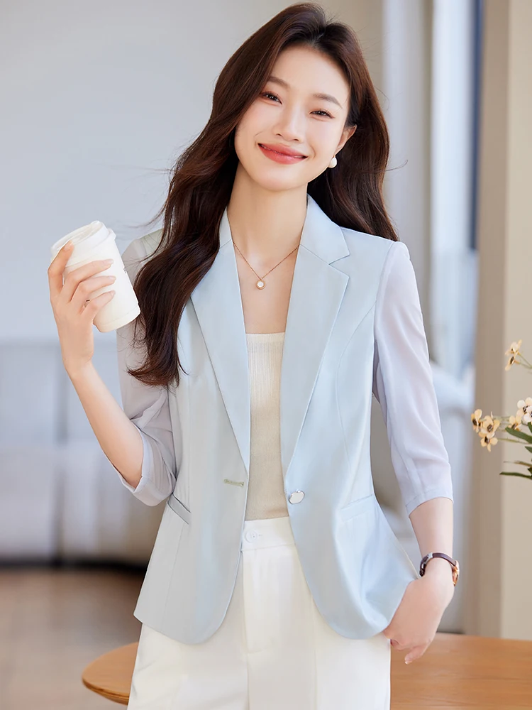 Light Blue Midi Sleeve Suit Jacket Women's Casual Thin Seven Sleeve Western Style Top Summer New Arrival Small Size Fashion