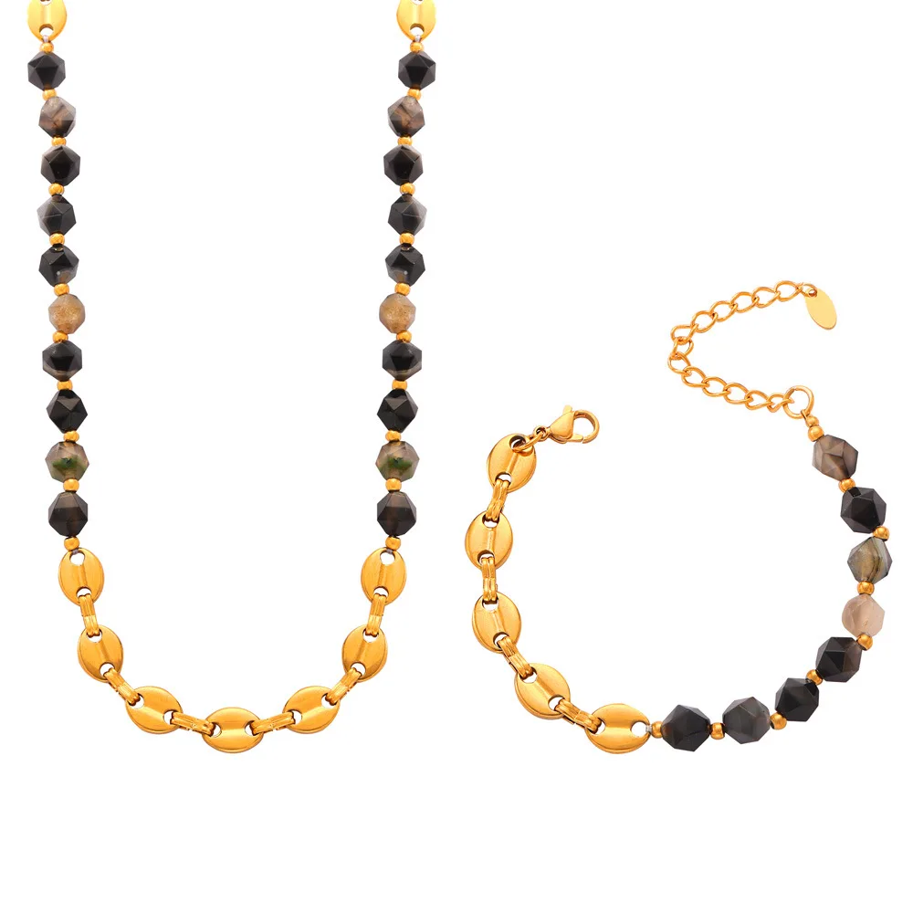 18K Gold Plated Titanium Steel Natural Stone Necklace Bracelet Set Women Boho Beaded Chain Jewelry For Sensitive Skin Daily Wear