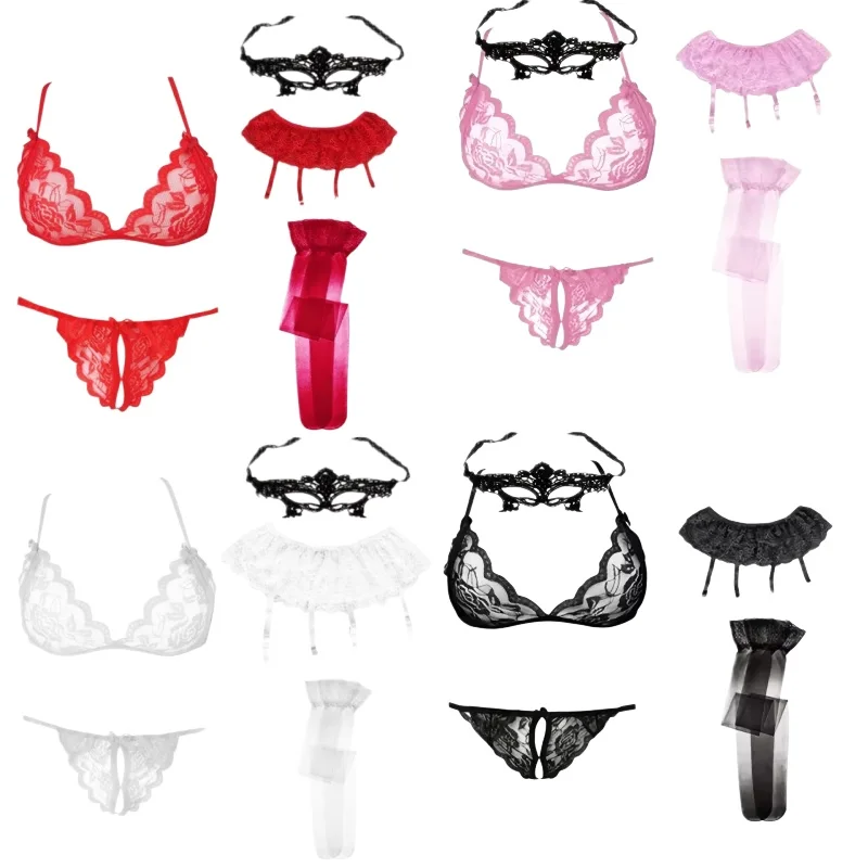 

FREEAUCE 5pcs Sexy Black Lace Lingerie See Through Bra and Panty Stockings Garter Belt Panties Thong Underwear Sets for Women