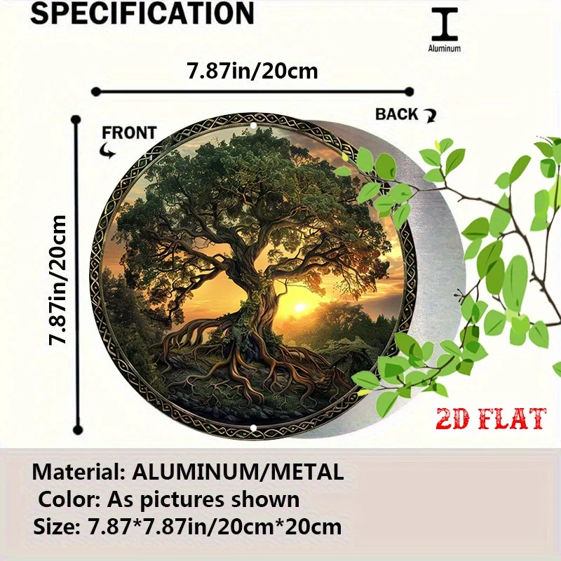 2D Flat - Round Aluminum Sign Featuring a 2D Flat Sunset Landscape Measuring 7.87X7.87 Inches, Along with a Tree of Life Design
