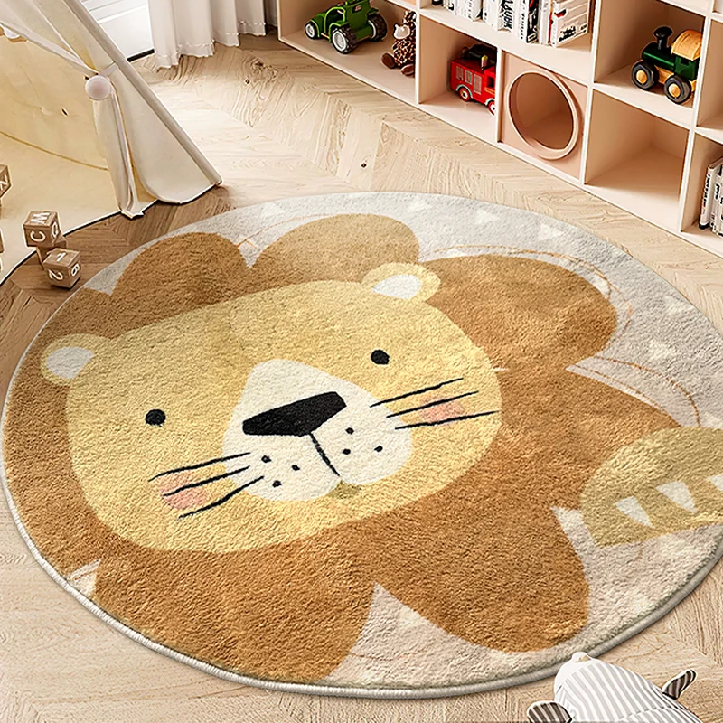 Lion Pattern Carpets for Living Room Fluffy Soft Children Mat Thick Plush Bedside Rug Cartoon Style Bedroom Decor Round Carpet