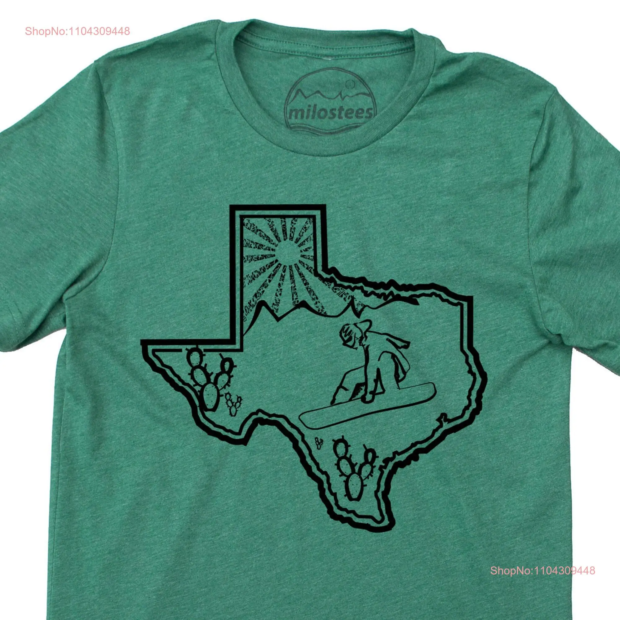 Funny Texas T Shirt snowboarder skiing the Lone Star state in a soft green hue by Bella Canvas for Austin wear or hot