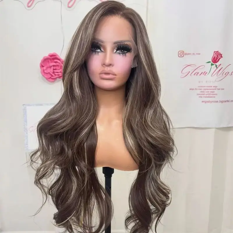 Soft Body Wave Lace Frontal Wig Ombre Brown with Blonde Streak Synthetic Wig Realistic look Long Length Wigs Blended Human Hair