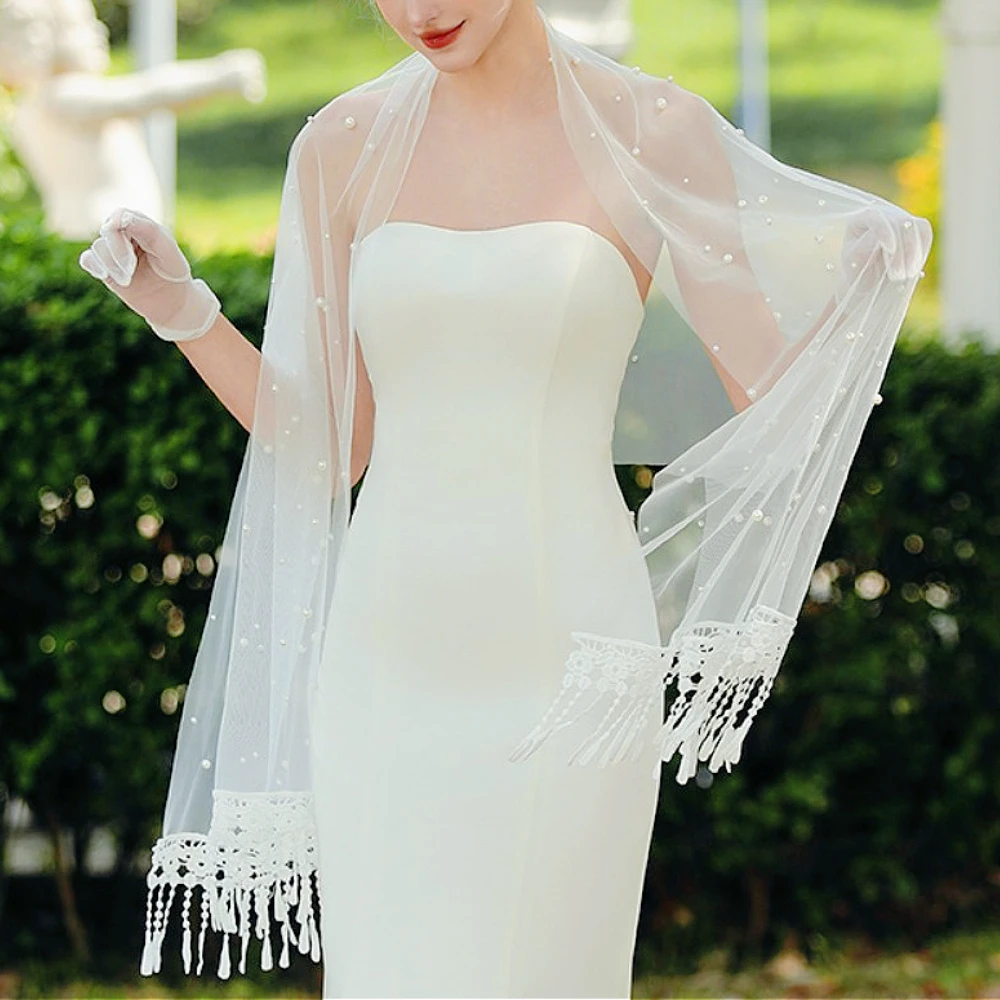 قبعات زفاف لؤلؤ فاخرة مع شرابات مطرزة للعرائس شال بوليرو مغطى لفستان الحفلات وإكسسوارات الزفاف والحفلات المسائية