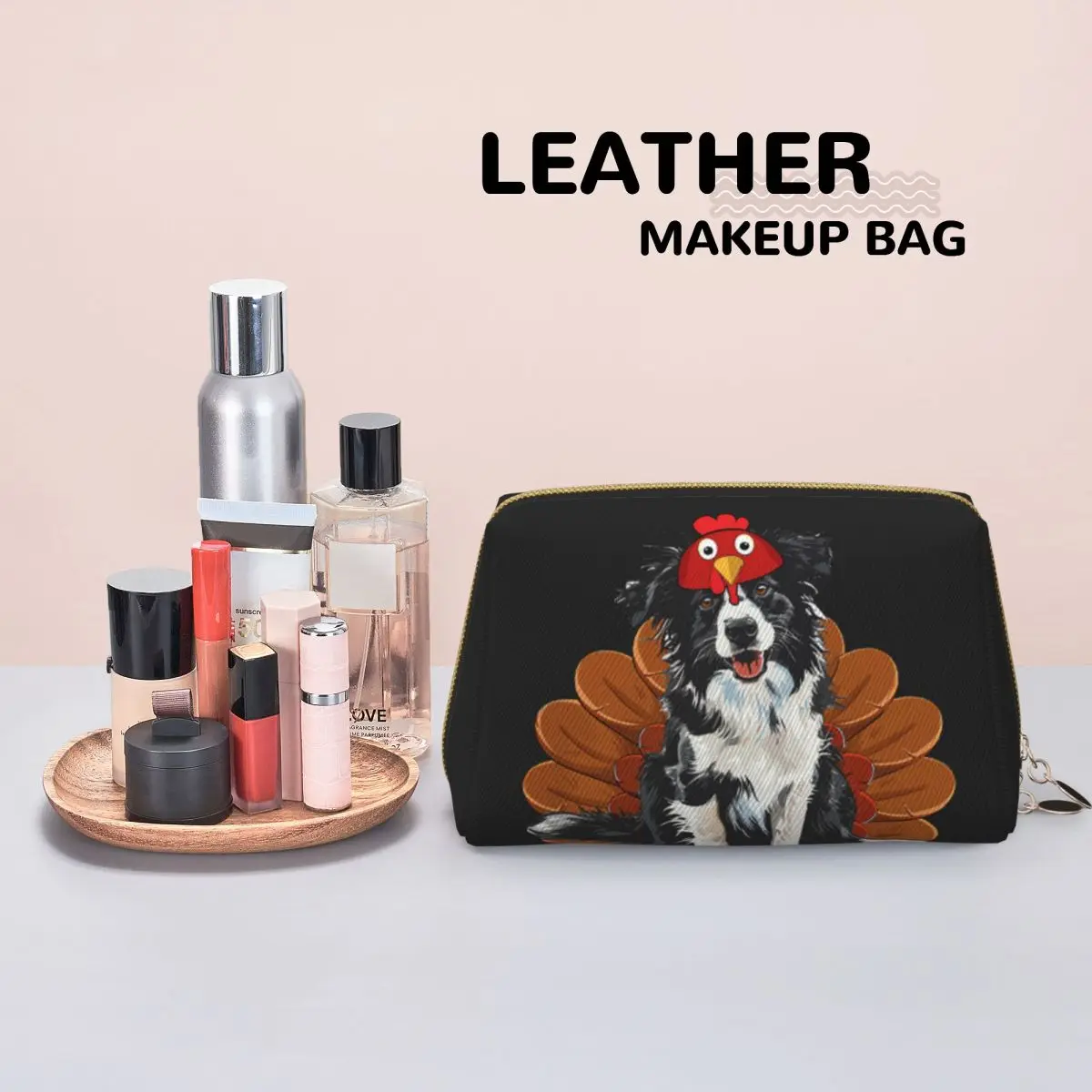 Dog Lovers Border Collie Turkey Dish Happy Thanksgiving Women Cosmetic Bags Travel Makeup Organizer Pouch Toiletry Storage