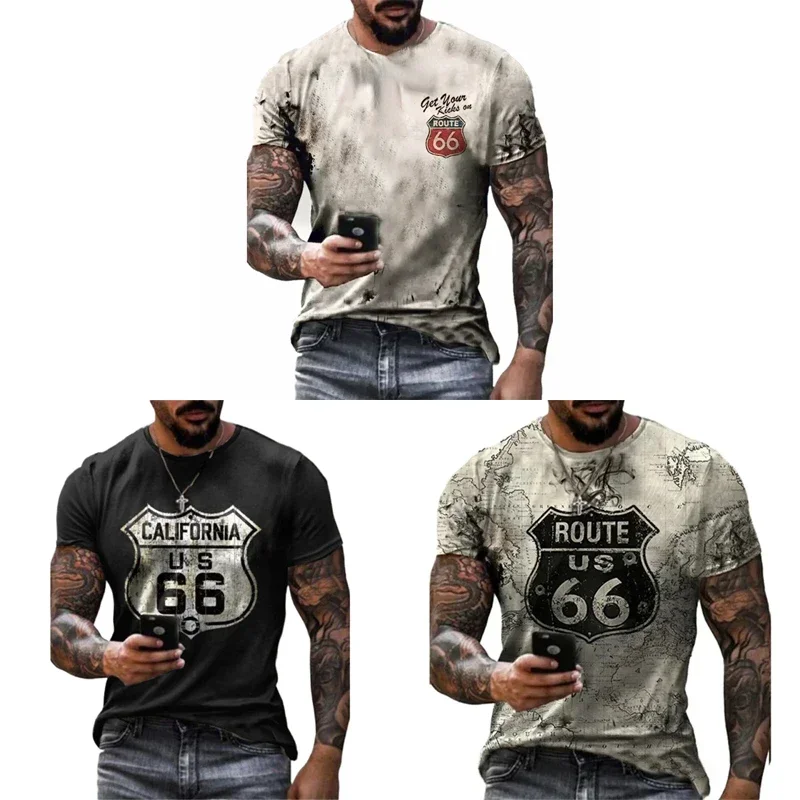 

Summer Fashion US Route 66 Letter Sports Retro Style T-shirt Loose Vintage Fitting Vintage Men's T-shirt 3D Print T-shirt Men's