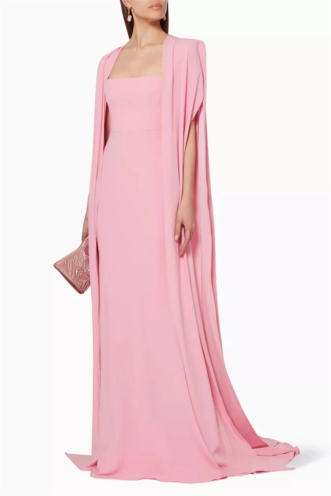 Simple Pink Evening Dress With Floor-Length Cape Sleeves Square Collar Elegant Prom Dress Long Skirt To The Floor Newest