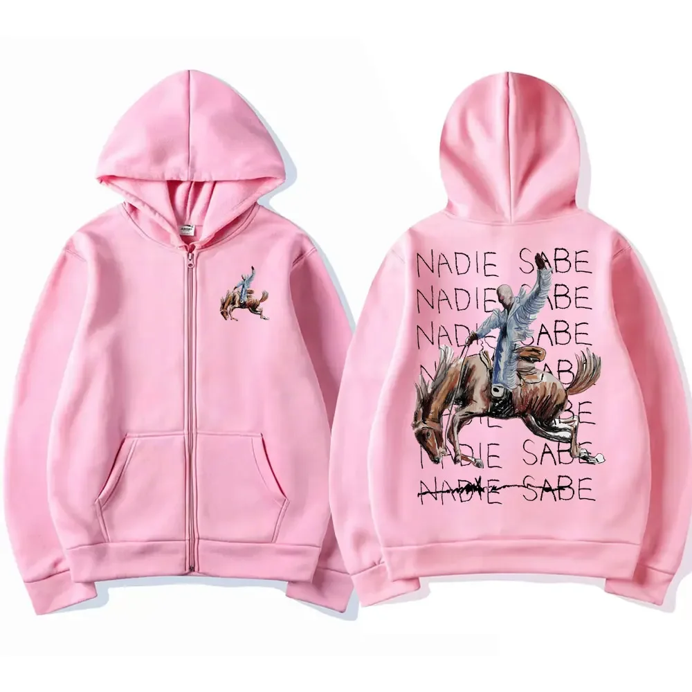 Hip Hop Vintage Bad Bunny Nadie Sabe Lo Que Va A Pasar Mañana Album Black Zipper Hoodie Long Sleeve Men Oversized Sweatshirt Y2k