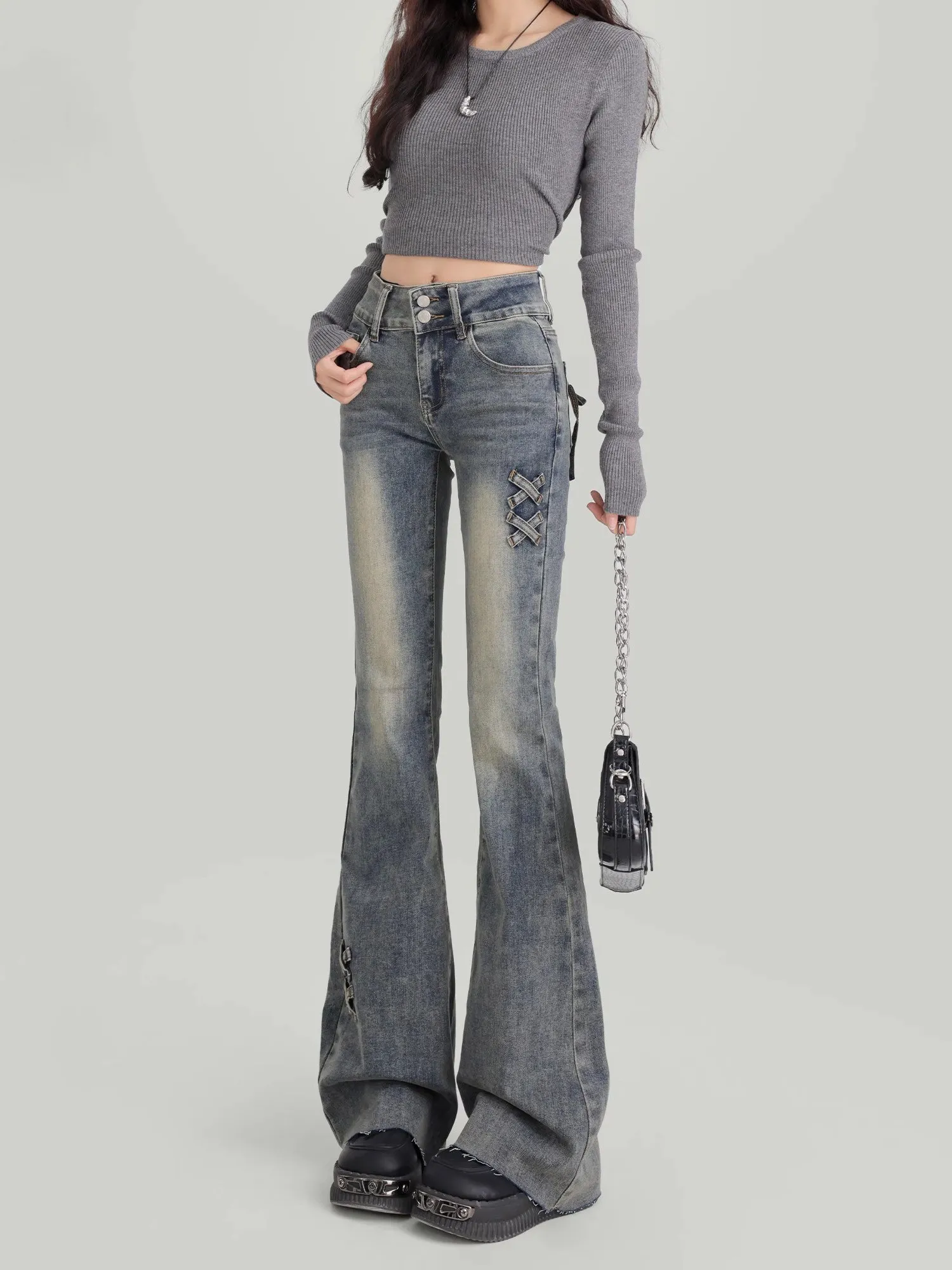 

Retro American Blue Flared Denim Pants Women's Autumn Winter New Slimming Knot Tie Design Hoof Pants