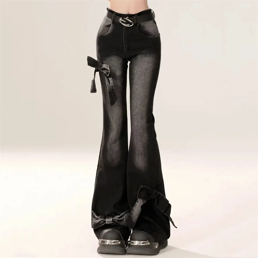 الحلو المرأة السوداء القوطية القوس مضيئة الجينز Harajuku الجمالية Y2K سراويل جينز عالية الخصر كاوبوي بانت خمر 2000s Kawaii السراويل #1