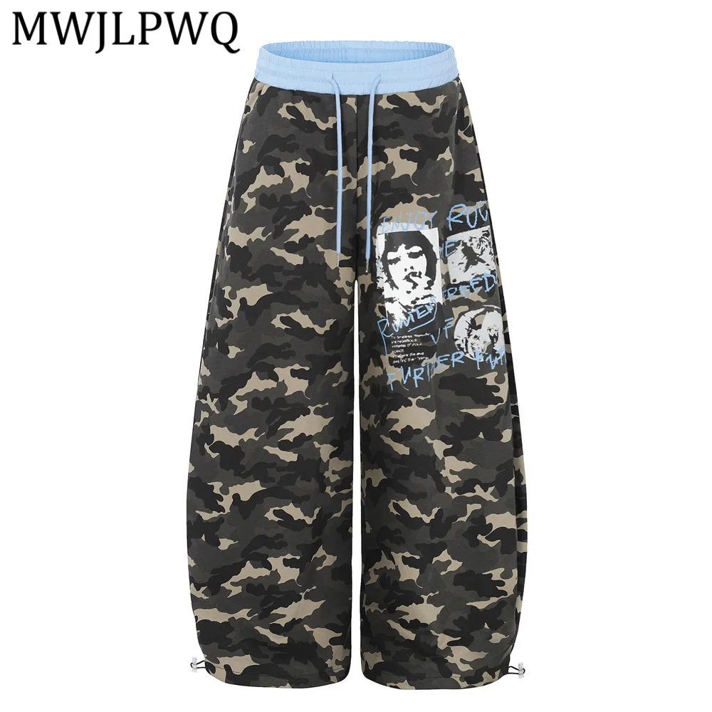 MWJLPWQ Camouflage Hiphop Trousers For Men Vibe Trendy Color-Blocked Retro Character Print Loose Wide-Leg Scythe Pants 15685