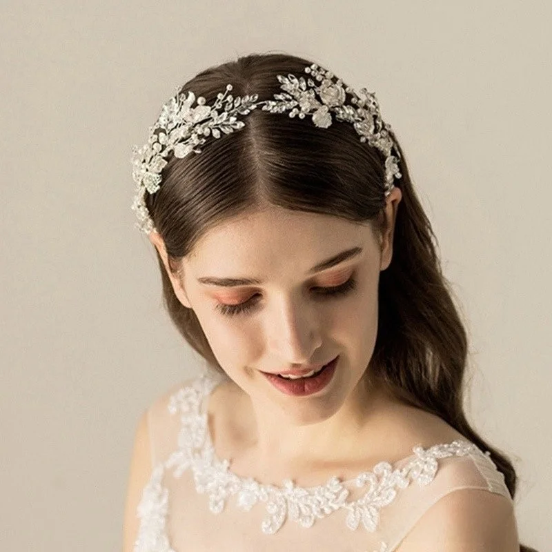 

Fairy Beaded Bride Wedding Tiaras Flower Rhinestone Bridal Headwear Alloy Pearl Flower Headbands Women