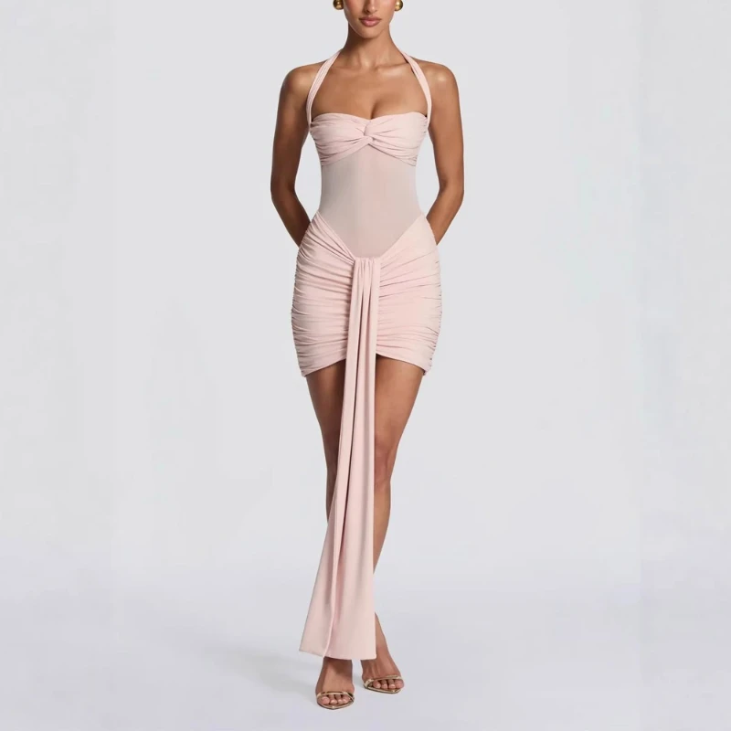 

Summer New Solid Color Sexy Short Skirt Style Hanging Neck Strap Mesh Splicing Fluttering Strap Tight Bag Hip Skirt