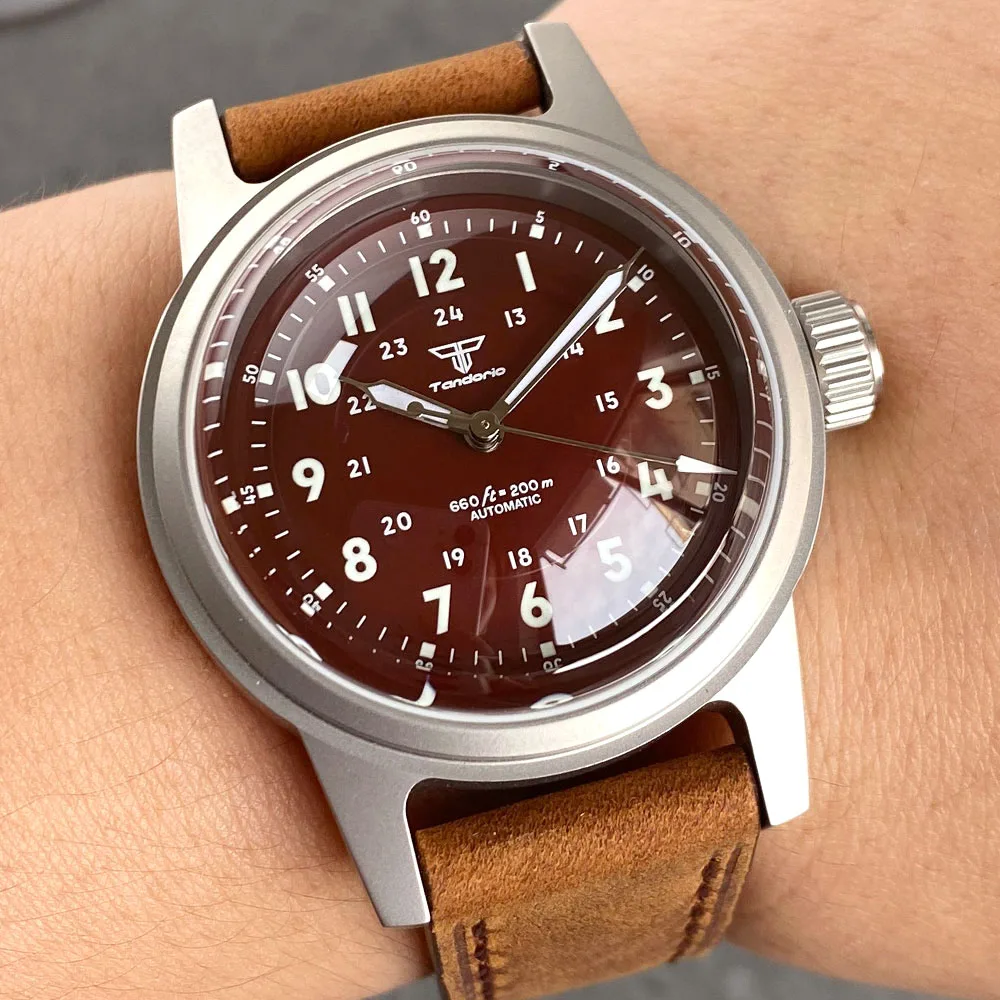 Tandorio 36mm Military Steel 20ATM Dive Automatic Watch Men NH35 Lume Brownish Red Dial Domed Sapphire Vintage Clock Leather