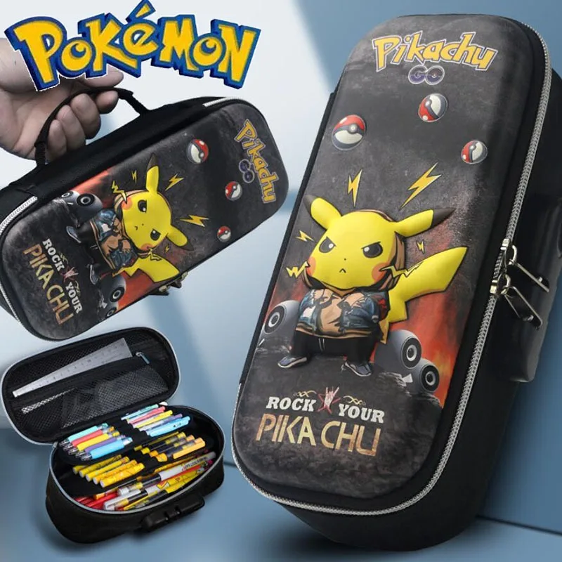 Pokemon Pikachu-Bolsa de lápices con bloqueo de contraseña para estudiantes, gran capacidad, 3D, papelería de doble capa, caja de almacenamiento de pincel y bolígrafo de Color