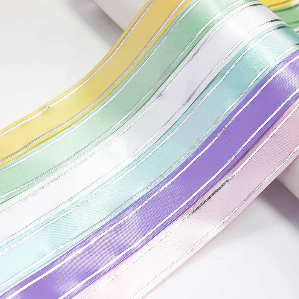 1'' 25mm Gold Silver Double Horizontal Stripe Printed Satin Ribbon For Gift Packaging Party Decoration DIY Sewing Accessories