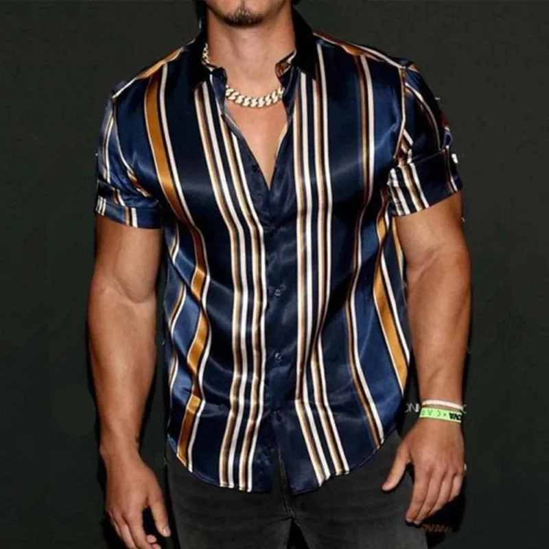 

Fashion Mens Casual Luxury Shirt Short Sleeve Hawaii Shirts Y2K Summer New Vintage Striped Shirt For Men Blusas Camisa Masculina