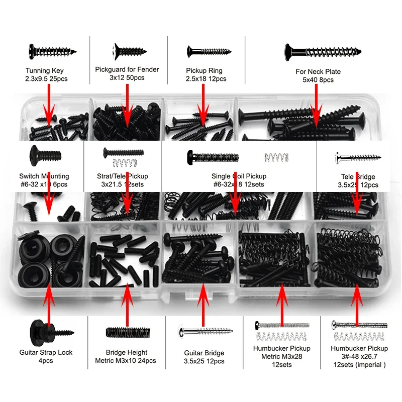 Guitar Screws & Spring & Strap Button Kit, 15 Kinds for Neck Plate Tuning Humbucker Single Coil Pickup Bridge Selector Switch