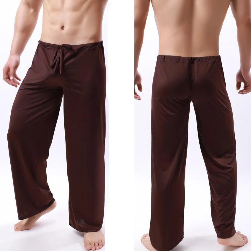 Sexy Men\'s Casual Pyjama Pants Solid Color Ice Silk Drawstring Elastic Waist Loose-Fitting Yoga Trouser Lounge Pajama Pants