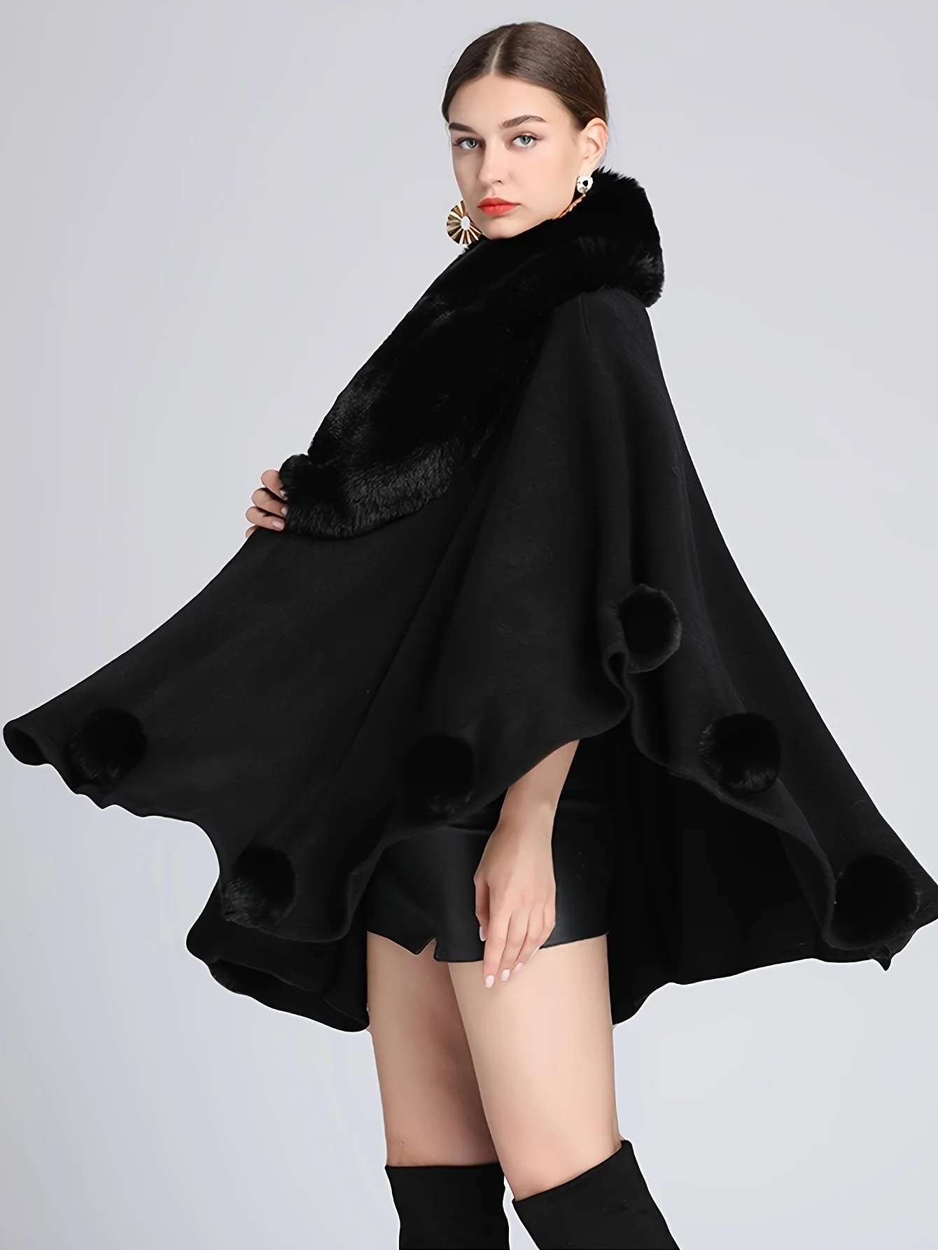 Faux Fur Solid Color Long Shawl Cloak Coat Banana Shaped Collar Fur Ball Border Decoration Fashionable and Elegant Shawl