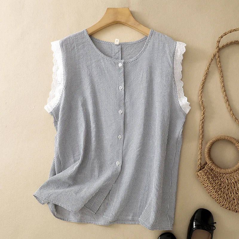 

Large Size Women's Lace Trimmed Striped Vest Single Button round Neck Sleeveless Jacket Shoulder Pad Summer Casual Top