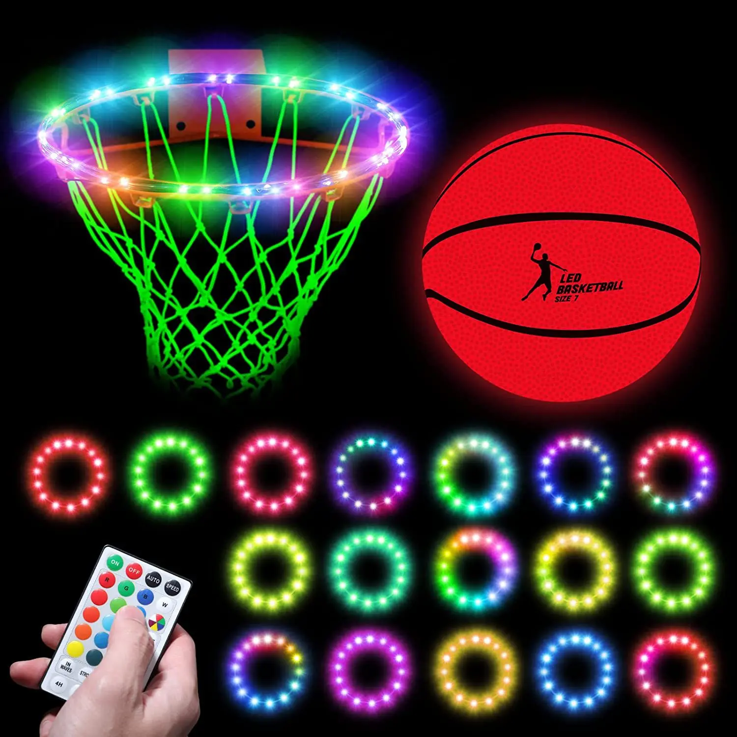 

Hot Sale Led Luminous Basketball Hoop Frame Lighting Chain RGB Remote Control 16 Color Waterproof Luminous Basketball Hoop Light