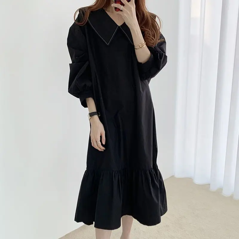 Korean Chic Autumn Niche Retro Ming Line Navy Neck Loose Fitting Flesh Blocking and Slimming Lantern Sleeve Mid Length Dress