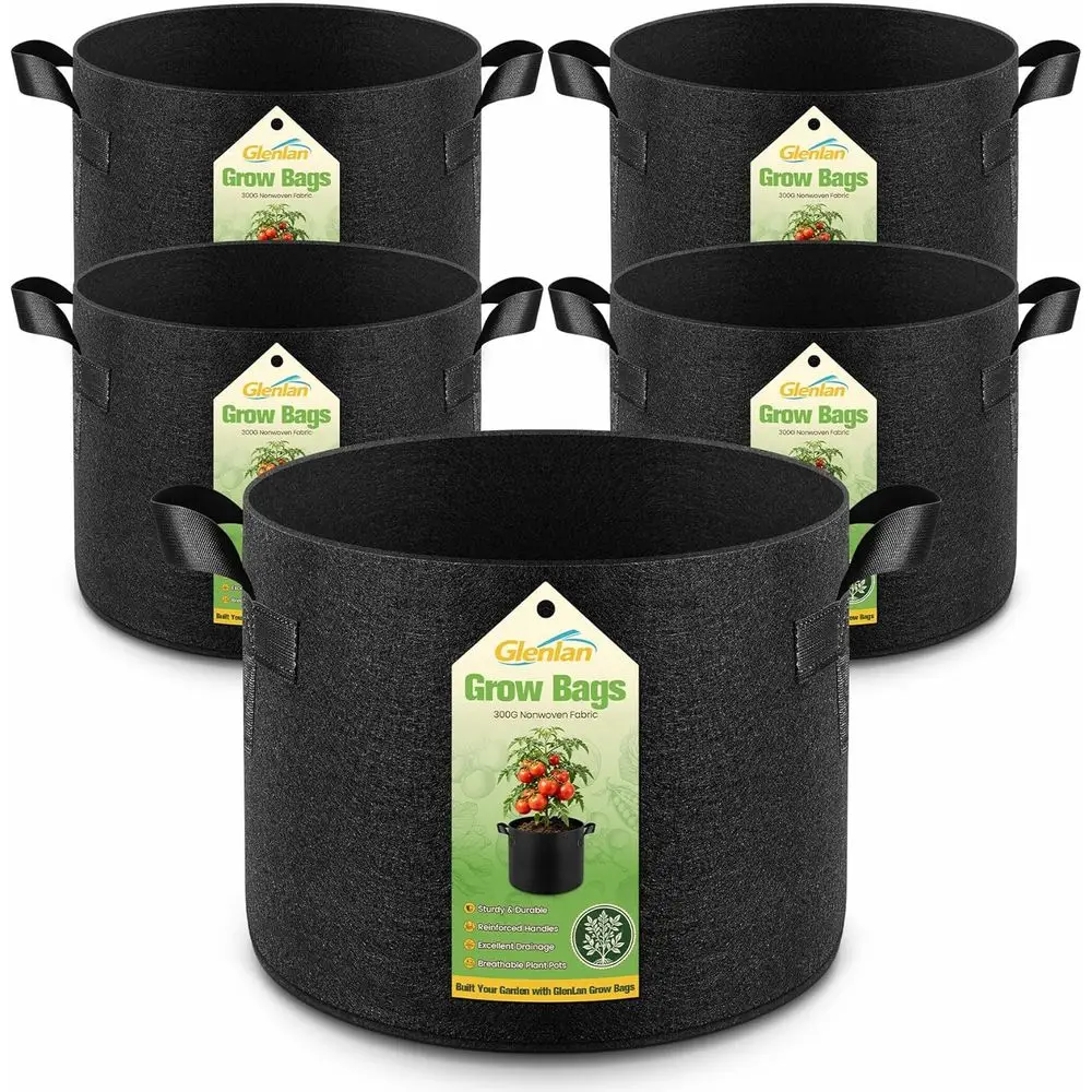 5-Pack 10 Gallon Grow Bags, Thickened Nonwoven Fabric Plant Pots with Handles, Heavy Duty 300G Garden Pots for Vegetables, Flowe
