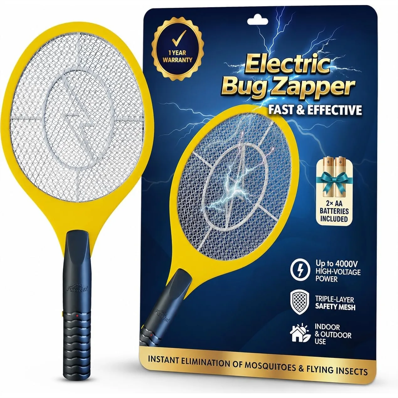 Electric Bug Zapper Racket 18 Inch for Mosquitoes and Flying Insects, Battery Powered Fly Swatter with 3-Layer Mesh for Indoor
