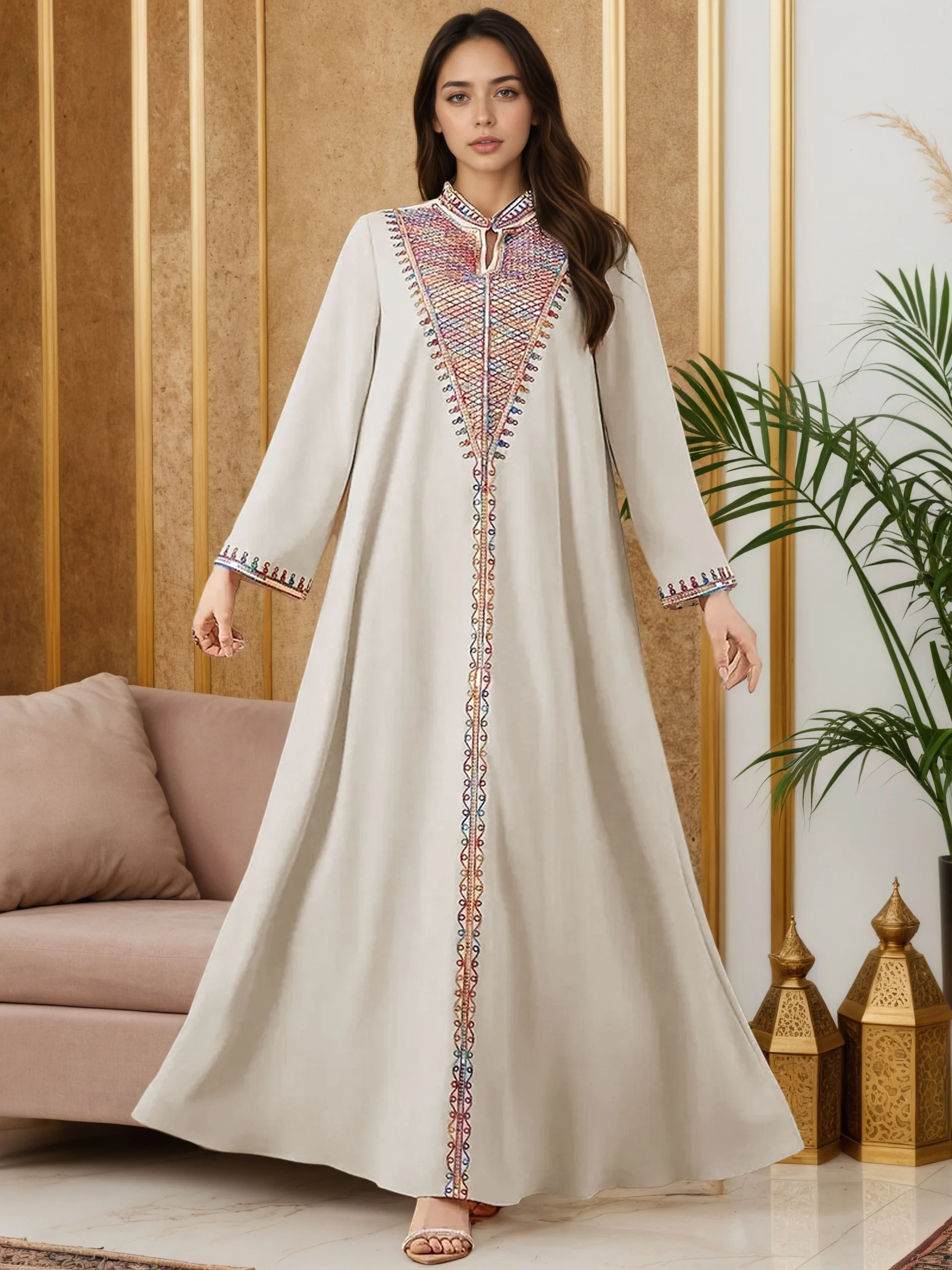 

2025 New Luxury Muslim Abaya Off White Intricate Colorful Embroidery Detailing Ideal for Saudi Arabian Formal Gatherings Islam