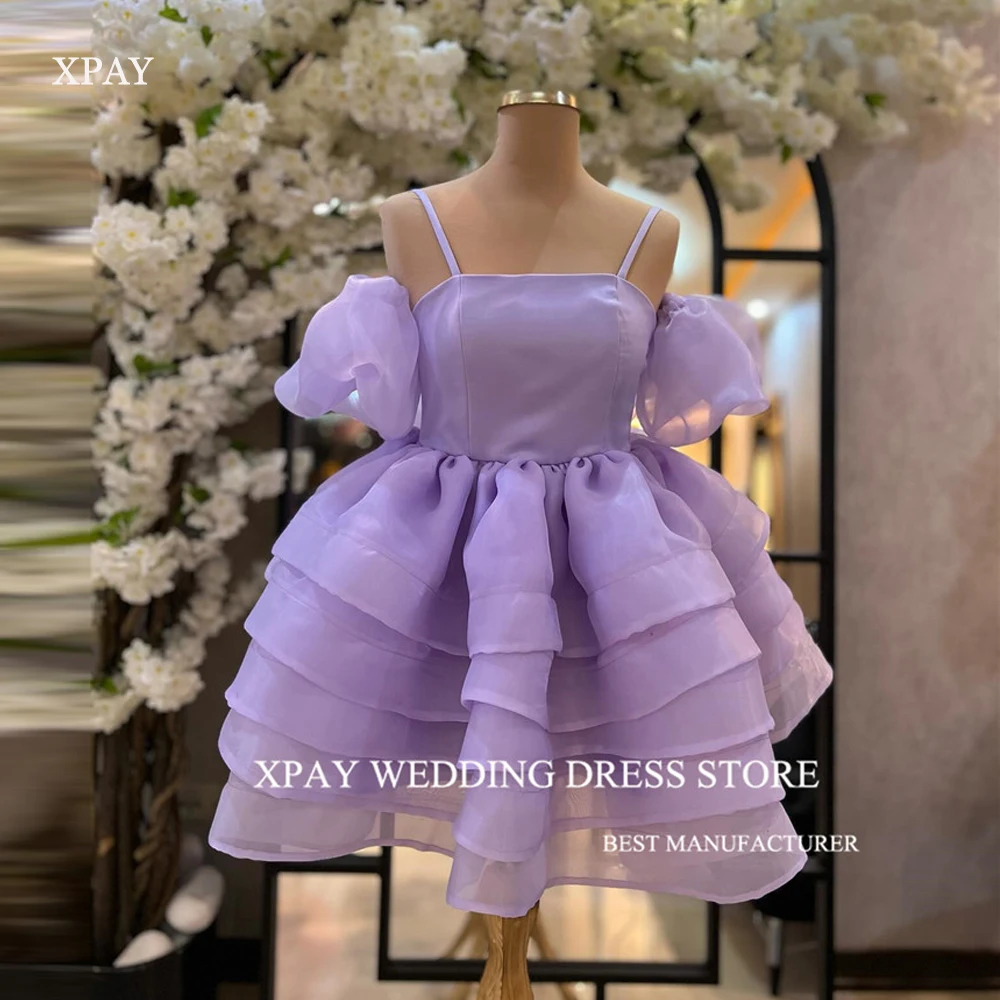 XPAY Lavender Layered Tiered Prom Dresses Spaghetti Straps Puff Short Sleeves Mini Cocktail Dress Evening Gowns Robe de soiree