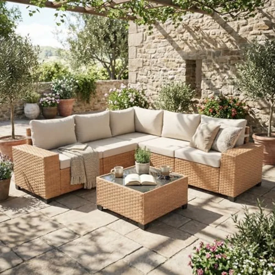 

6-Piece Patio Furniture Set, Outdoor Wicker Modular Sectional Sofa with 7.7-inch Wide Armrests and Thick Comfy Cushions, Glass