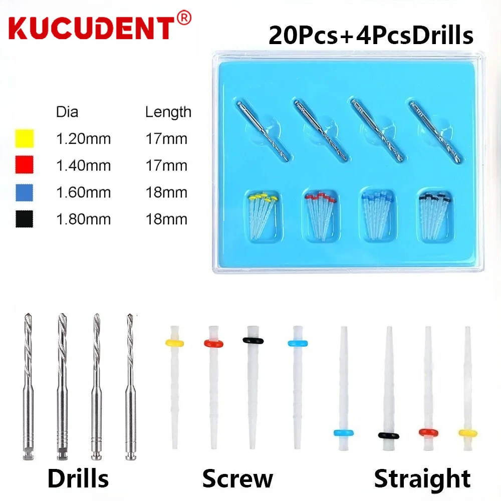 20Pcs Dental Fiber Resin Post Kit Straight Screw Tapered Endodontics Spiral Fiber Post with 4 Drills Transparent Dentist Tools