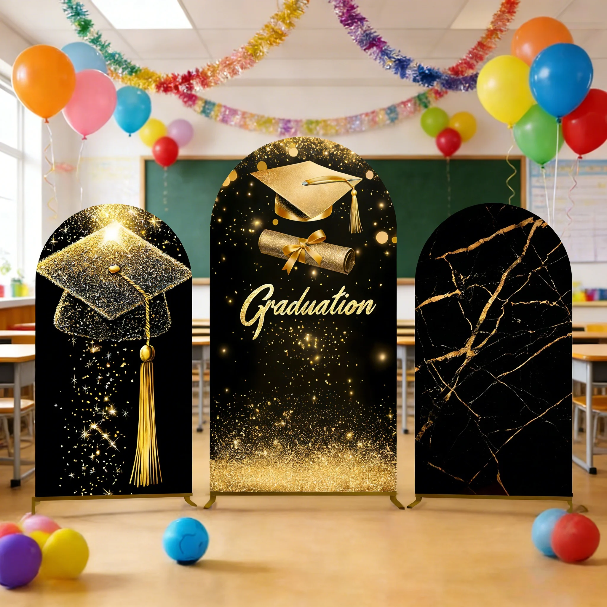 Graduation Cap Diploma Arch Photography Backdrops Black Gold