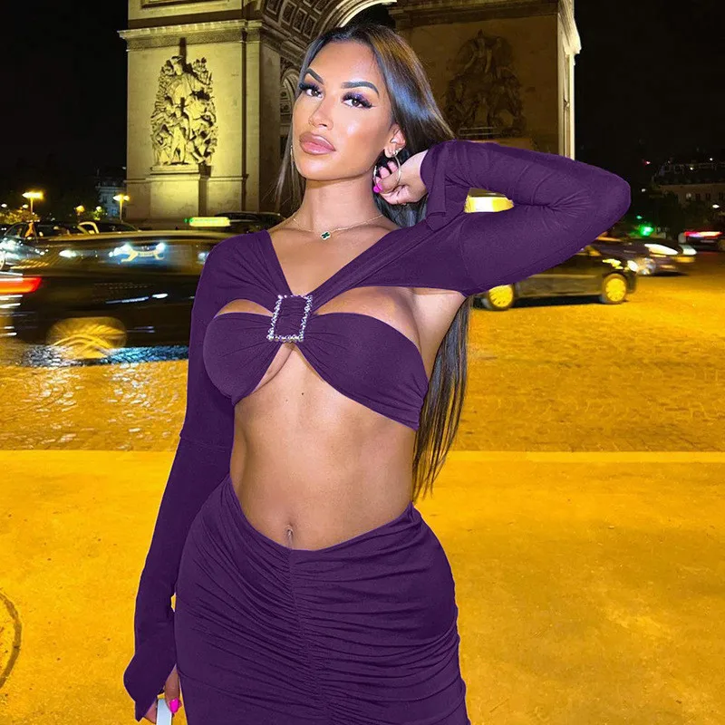 

Sexy two-piece long-sleeved bandage bare shoulder blouse and skirt set women's tight dress, sexy open-ended suit, beach casual d