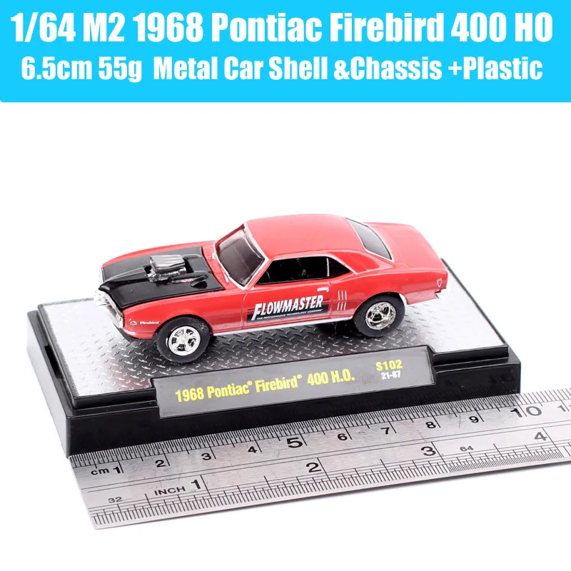 M2, schaal 1/64, klassieke Pontiac Firebird 400 uit 1968, HO-modelauto van Flowmaster, gegoten metalen model, miniatuurvoertuig, cadeau, rood.