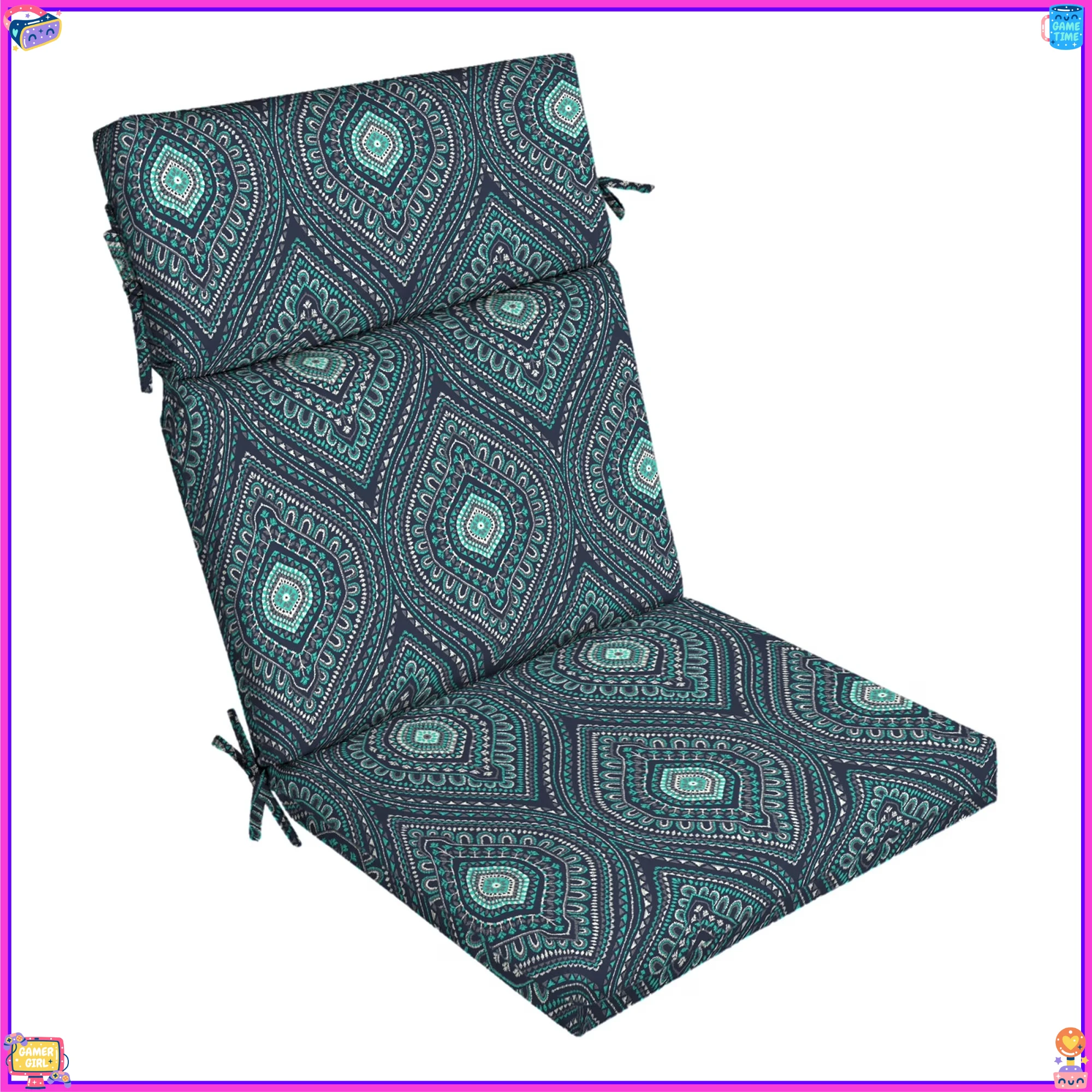 

44x21 Inch Outdoor Chair Cushion - Navy Medallion Water-Resistant Design - With Ties Comfortable & Durable Patio Pad