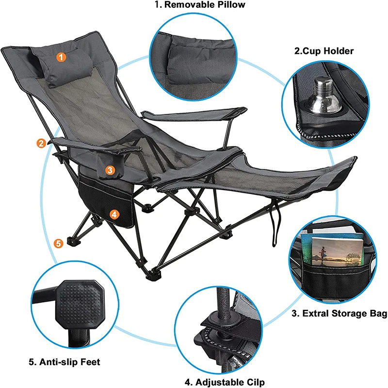 Camping Folding Chair With Foot Rest, Outdoor Folding Recliner Chair Beach Sun Patio Chaise Lounge Chair Pool Lawn Lounger