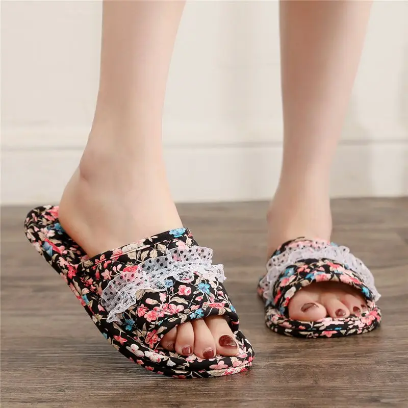 Korean Edition Fragmented Flower Cloth Bottom Slippers, Home Cotton Cloth, Quiet and Comfortable Soft Bottom Floor Slippers