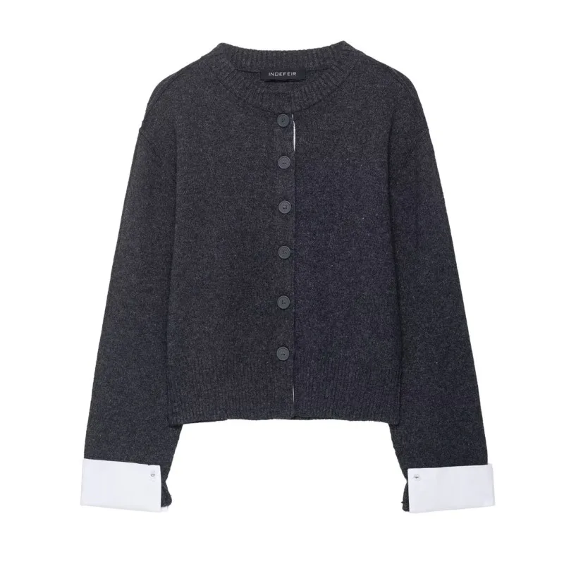 

Женский комбинированный кардиган, осенний вязаный повседневный женский кардиган с круглым вырезом и длинными рукавами, женские топы в рубчик