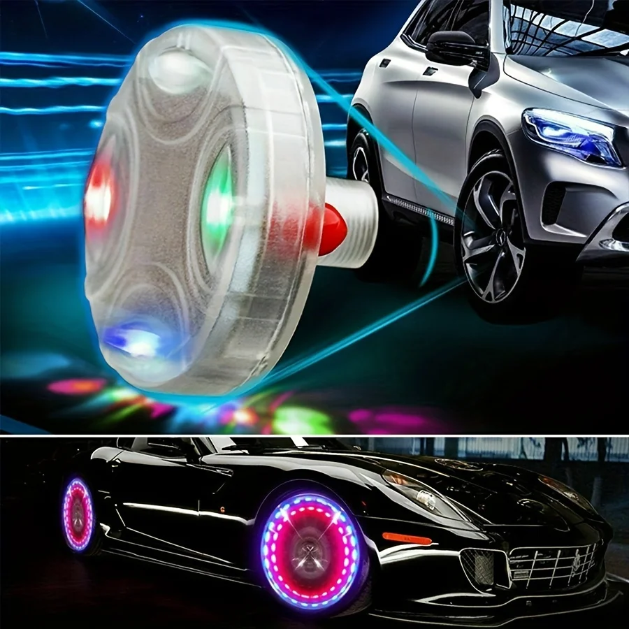 2 car tire and wheel lights, solar air valve cover color flashing LED lights, dustproof bicycle and motorcycle valve accessories