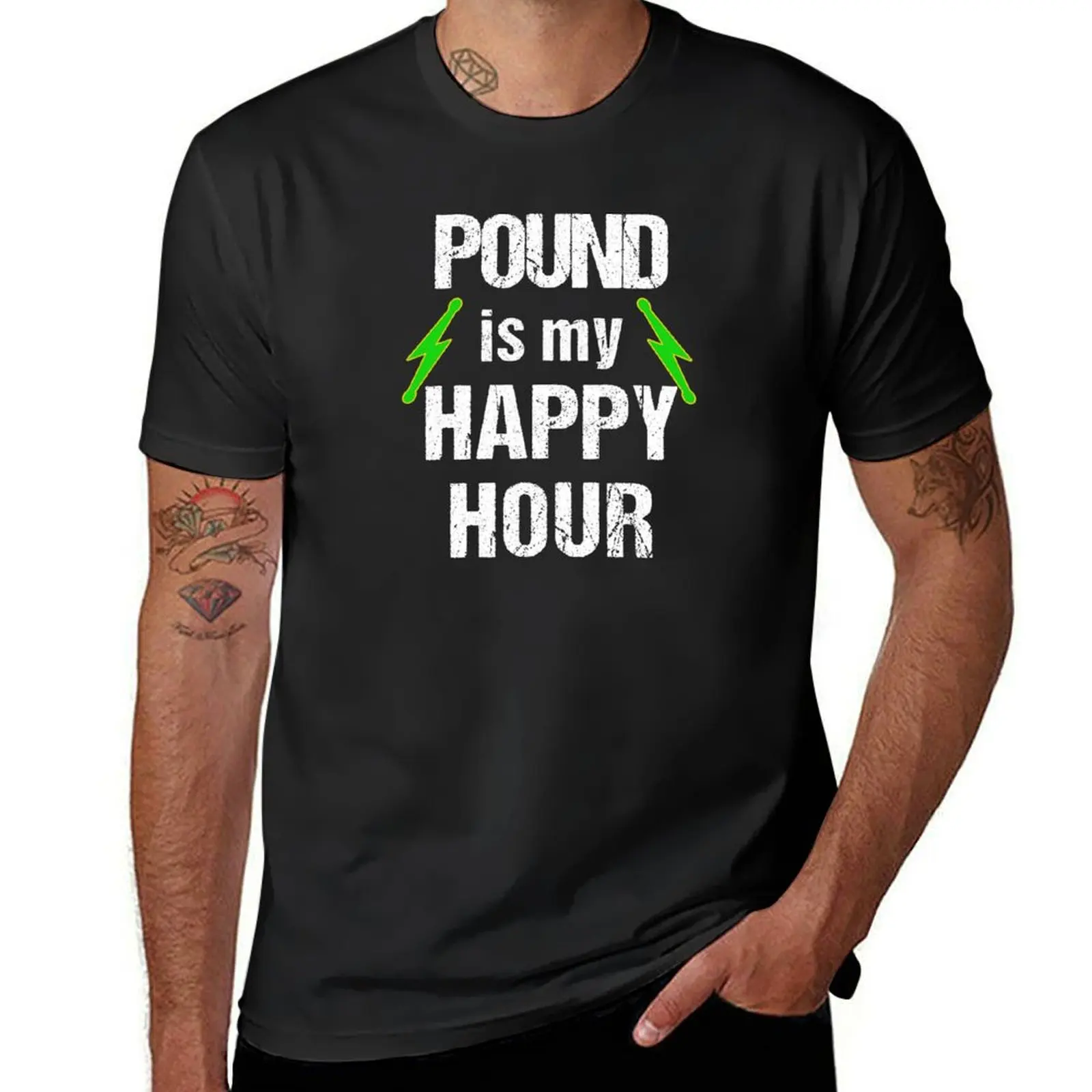 Pound Workout Pound Is My Happy Hour With Green Lightning Bolt Drum Sticks T-Shirt plus sizes heavyweights mens workout shirts