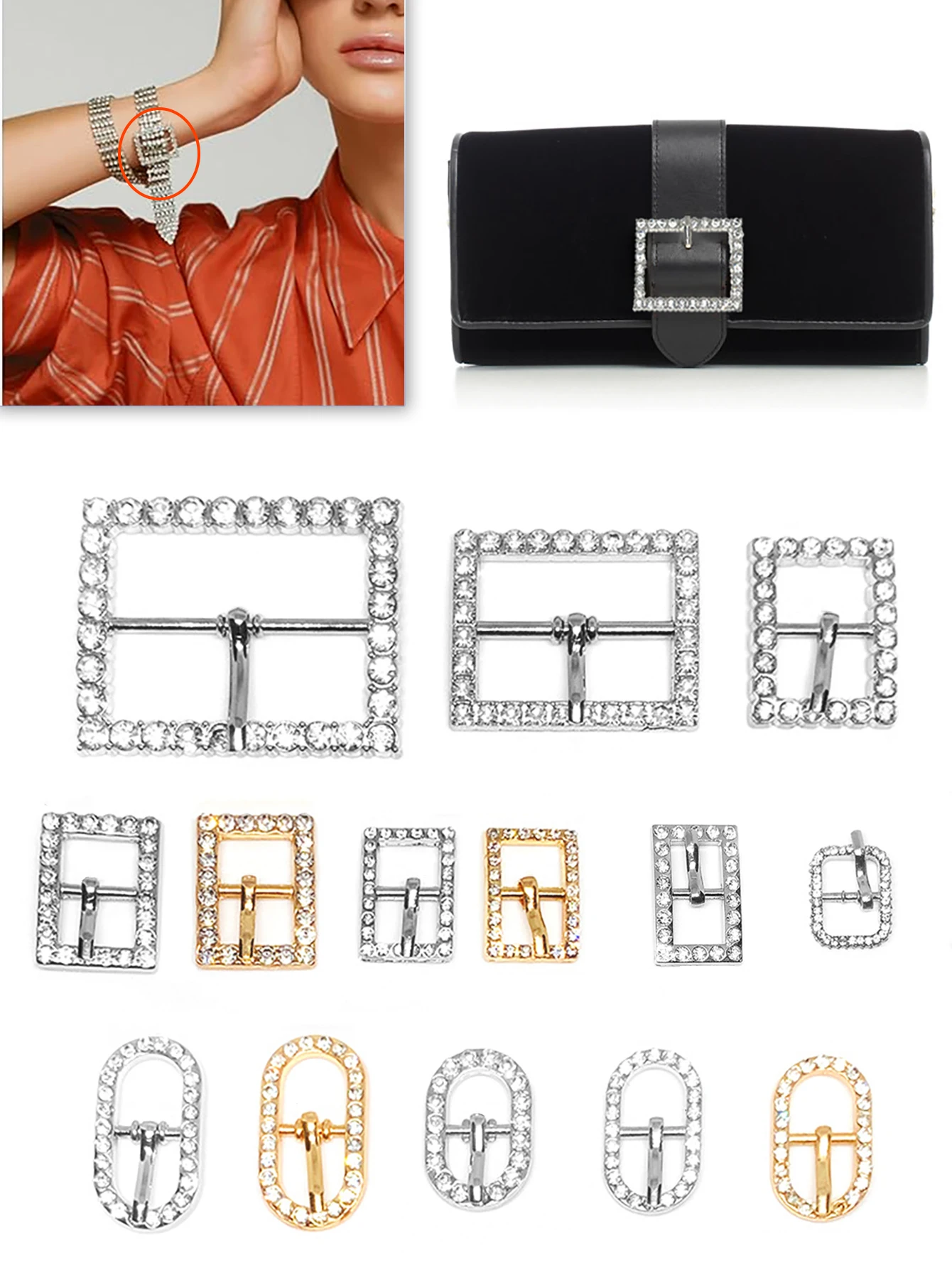 Square/Oval Rhinestone Belt Fastener Fashion Alloy Rhinestone Belt Buckles for Crafts Artificial Crystal Pin Buckle Purse Making